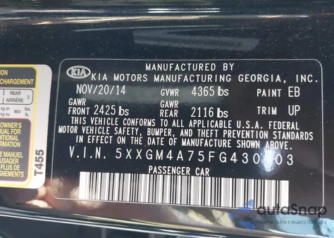 2015 Kia Optima Lx z USA, uszkodzony, nr VIN 5XXGM4A75FG430703